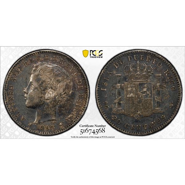 PUERTO RICO: Alfonso XIII, 1886-1898, AR 20 centavos, 1895, PCGS AU53