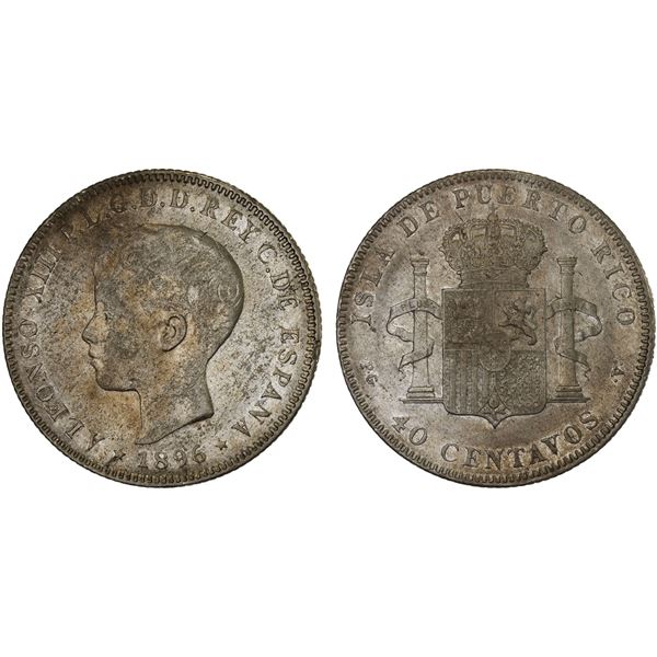 PUERTO RICO: Alfonso XIII, 1886-1898, AR 40 centavos, 1896, XF