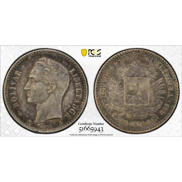 VENEZUELA: Republic, AR 10 centavos, 1876-A, PCGS XF details