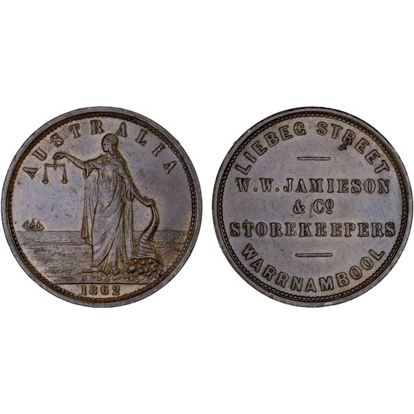 AUSTRALIA: AE penny token, 1862, Choice XF