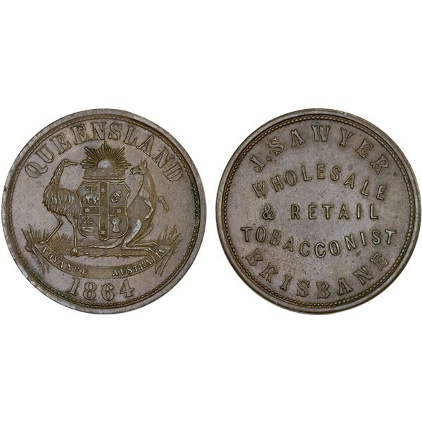 AUSTRALIA: AE penny token, 1864, XF-AU