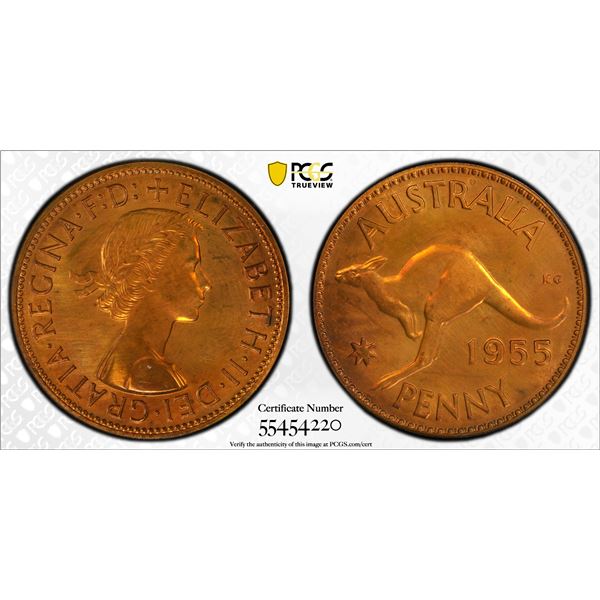 AUSTRALIA: Elizabeth II, 1952-2022, AE penny, 1955(m), PCGS PF64 RD