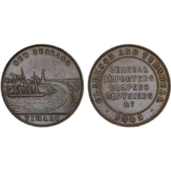 NEW ZEALAND: AE penny token, 1865, Choice XF