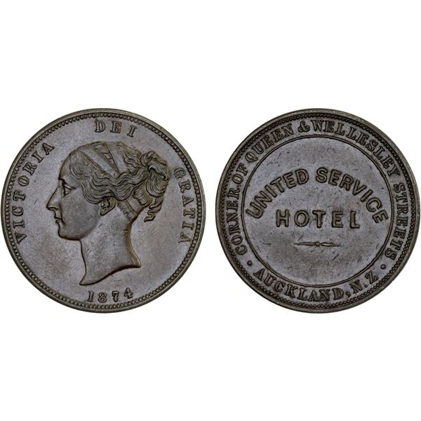 NEW ZEALAND: AE penny token, 1874, XF