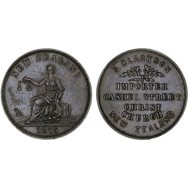 NEW ZEALAND: AE penny token, 1875, VF