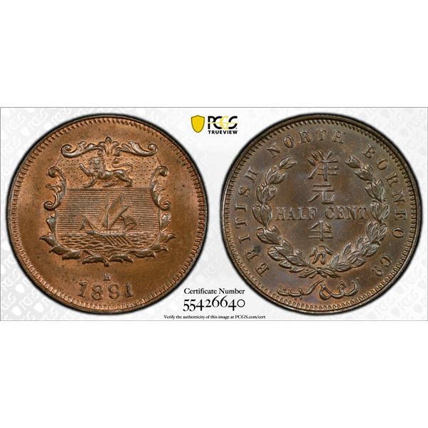 BRITISH NORTH BORNEO: Victoria, 1881-1901, AE 1/2 cent, 1891-H, PCGS MS65 RB