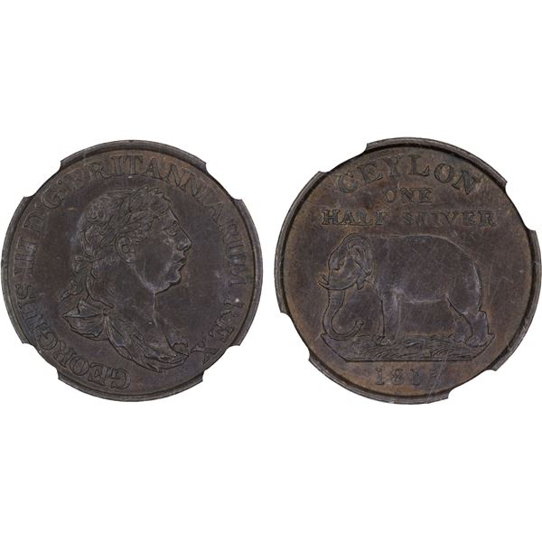 CEYLON: George III, 1760-1820, AE 1/2 stiver, 1815, NGC AU58 BN
