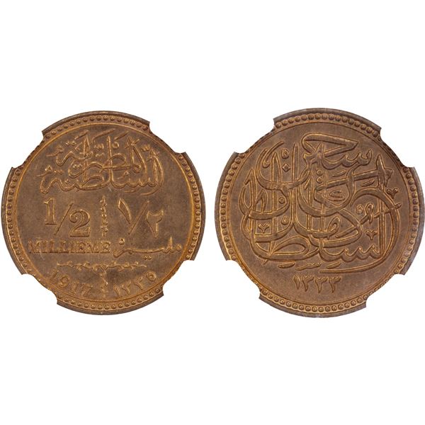 EGYPT: Hussein Kamil, 1914-1917, AE 1/2 millieme, 1917/AH1335, NGC MS66 RD