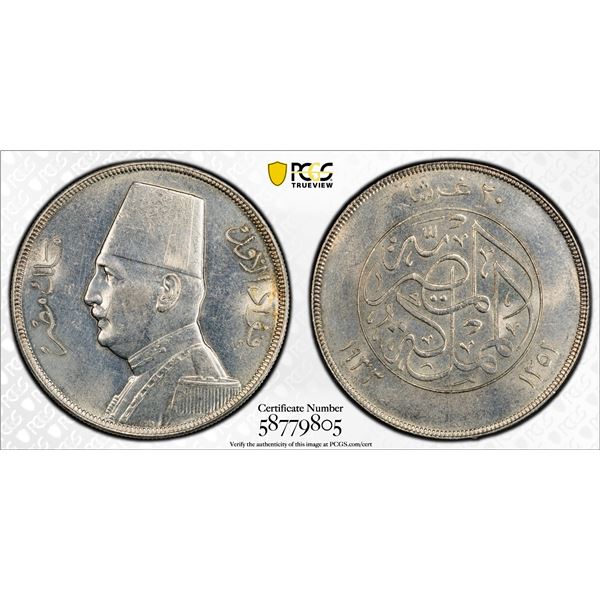EGYPT: Fuad I, King, 1922-1936, AR 20 piastres, 1933/AH1352, PCGS AU details