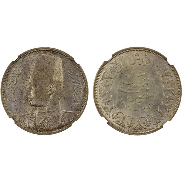 EGYPT: Farouk, 1936-1952, AR 10 piastres, 1937/AH1356, NGC MS64