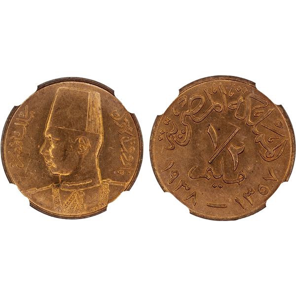 EGYPT: Farouk, 1936-1952, AE 1/2 millieme, 1938/AH1357, NGC MS63 RD