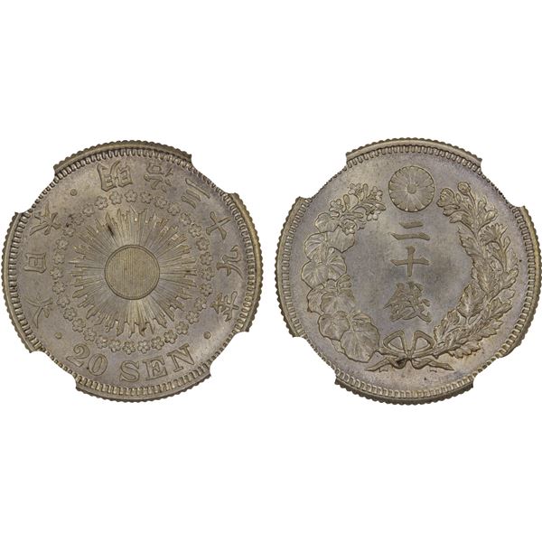 JAPAN: Meiji, 1868-1912, AR 20 sen, year 39 (1906), NGC MS65