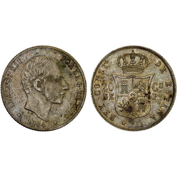 PHILIPPINES: Alfonso XII, 1874-1885, AR 20 centimos, 1884, VF-XF