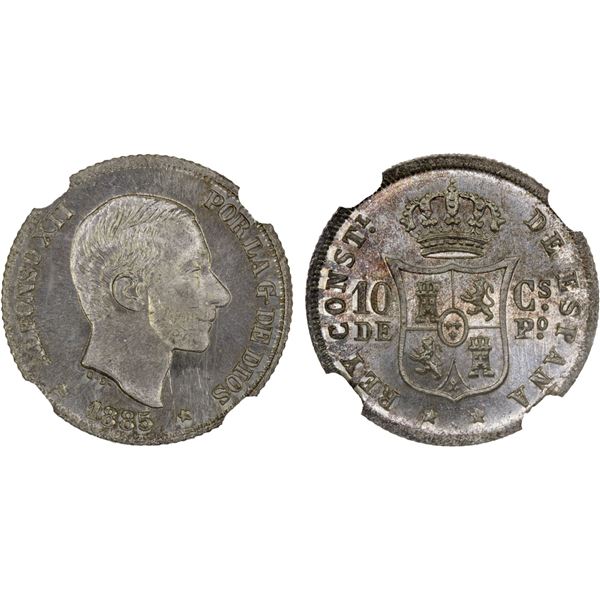 PHILIPPINES: Alfonso XII, 1874-1885, AR 10 centimos, 1885, NGC MS66
