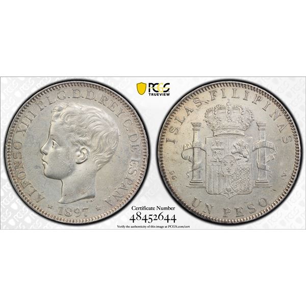 PHILIPPINES: Alfonso XIII, 1886-1931, AR peso, 1897, PCGS EF45