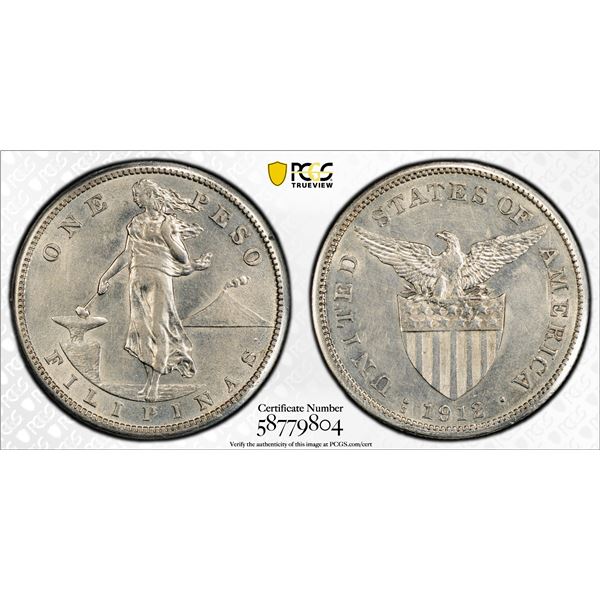PHILIPPINES: U. S. Territory, AR peso, 1912-S, PCGS AU details