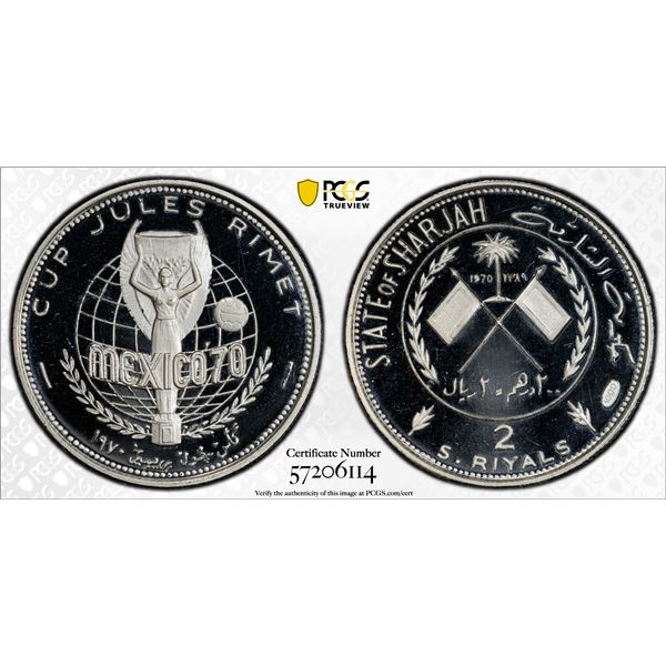 SHARJAH: Khalid Bin Muhammad al-Qasimi, 1965-1972, AR 2 riyals, 1970/AH1389, PCGS PF68 Deep Cameo