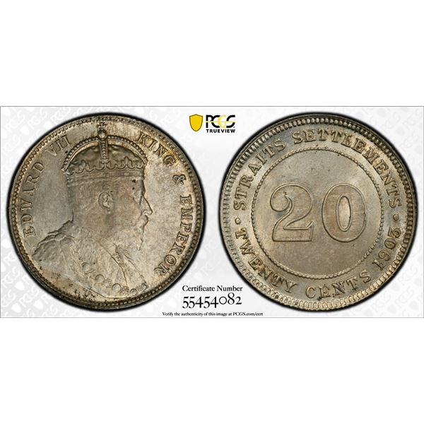 STRAITS SETTLEMENTS: Edward VII, 1901-1910, AR 20 cents, 1903, PCGS AU58