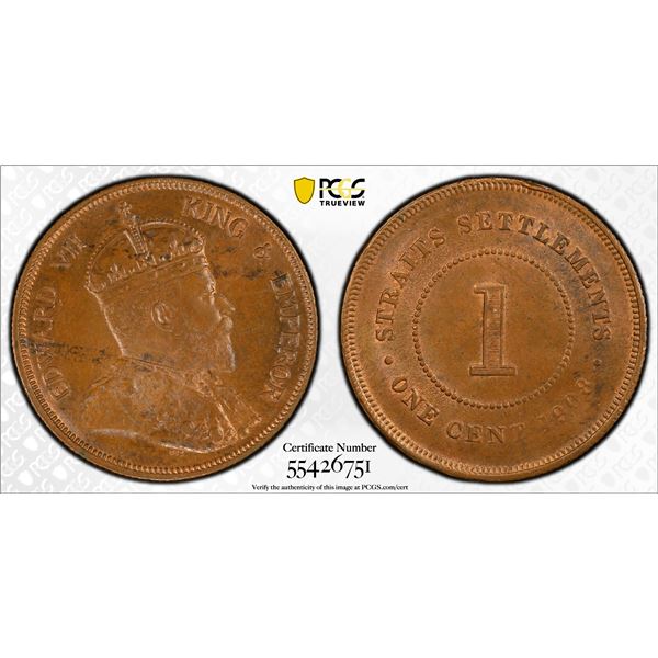 STRAITS SETTLEMENTS: Edward VII, 1901-1910, AE cent, 1908, PCGS MS64 BN