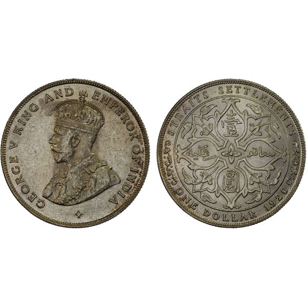 STRAITS SETTLEMENTS: George V, 1910-1936, AR dollar, 1920, Choice AU