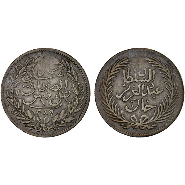 TUNISIA: Muhammad III, 1859-1882, AR piastre (rial), Tunis, AH1289 (1872), VF