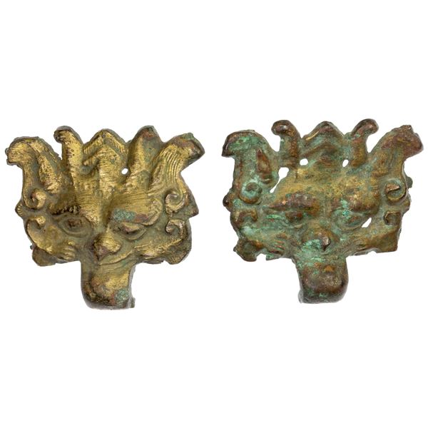 WARRING STATES: PAIR of gilt AE hooks, VF