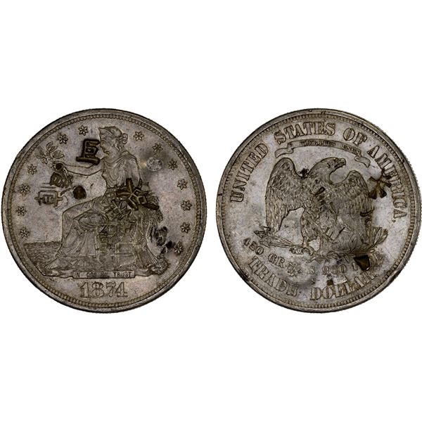 CHINA: CHOPMARKED COINS: UNITED STATES: AR trade dollar, 1874-S, XF-AU