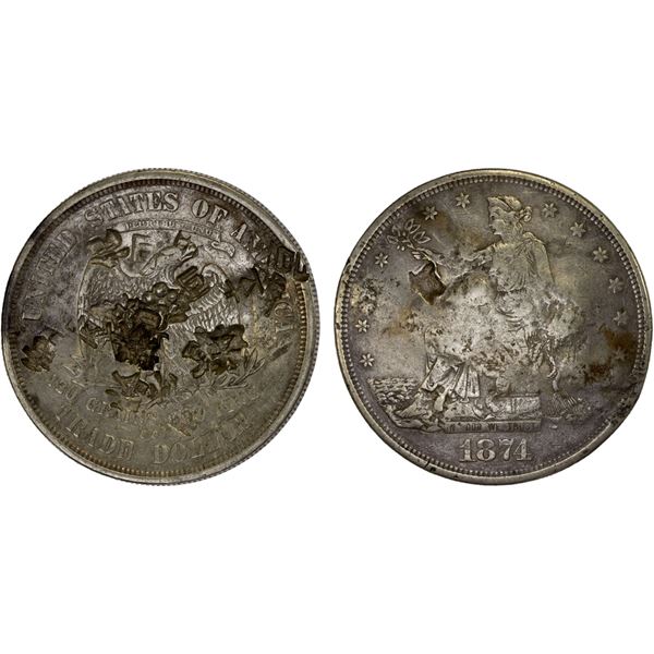 CHINA: CHOPMARKED COINS: UNITED STATES: AR trade dollar, 1874-CC, Choice VF