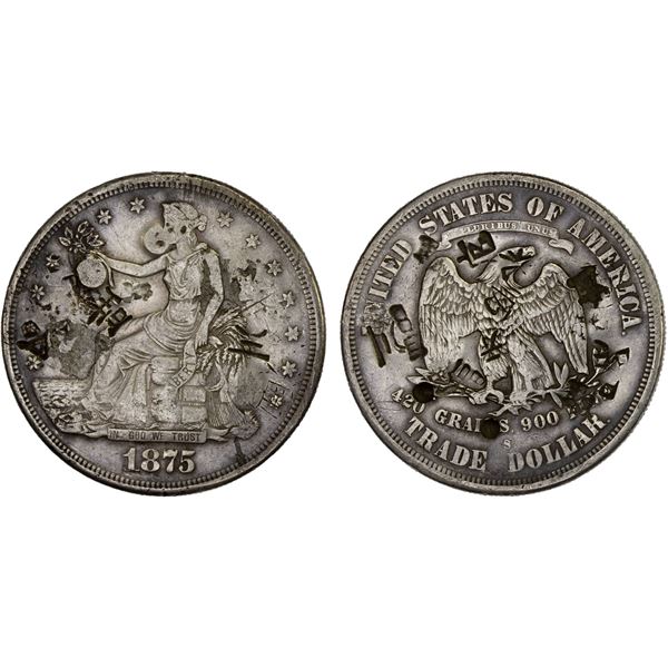 CHINA: CHOPMARKED COINS: UNITED STATES: AR trade dollar, 1875-S, Choice VF