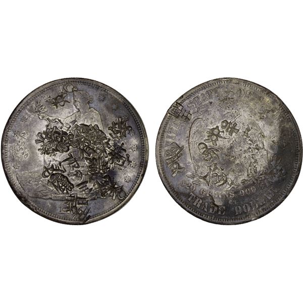 CHINA: CHOPMARKED COINS: UNITED STATES: AR trade dollar, 1875-CC, VF