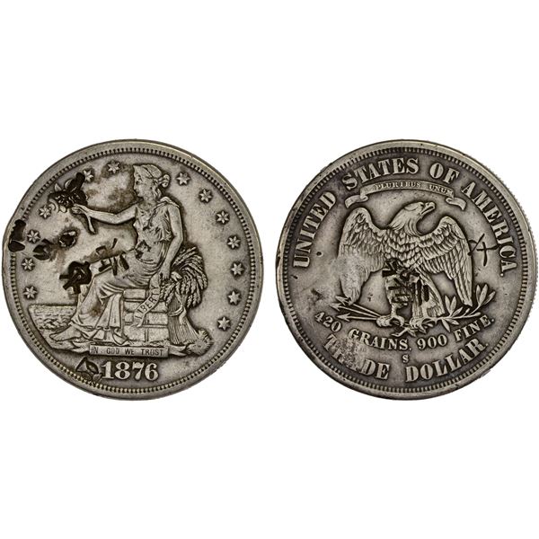 CHINA: CHOPMARKED COINS: UNITED STATES: AR trade dollar, 1876-S, VF