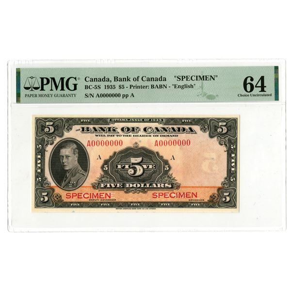 Canada. Bank of Canada, 1935, $5,  English Text  Specimen Banknote.