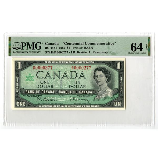 Canada. Bank of Canada, 1967, $1, "Low S/N 277" Centennial Commemorative Issued Banknote.