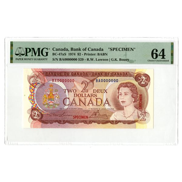 Canada. Bank of Canada, 1974, $2, Specimen Banknote.