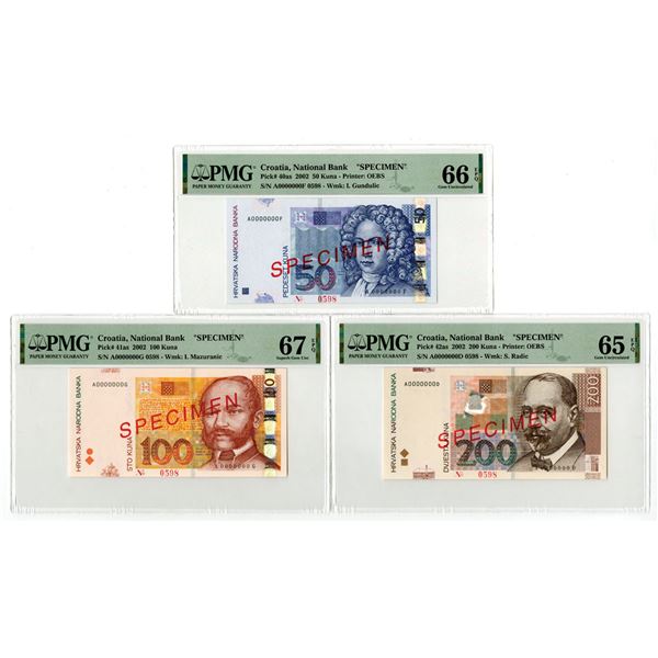 Croatia. National Bank of Croatia, 2002, 50, 100 & 200 Kuna Specimen Banknote Trio, with 2 being "To