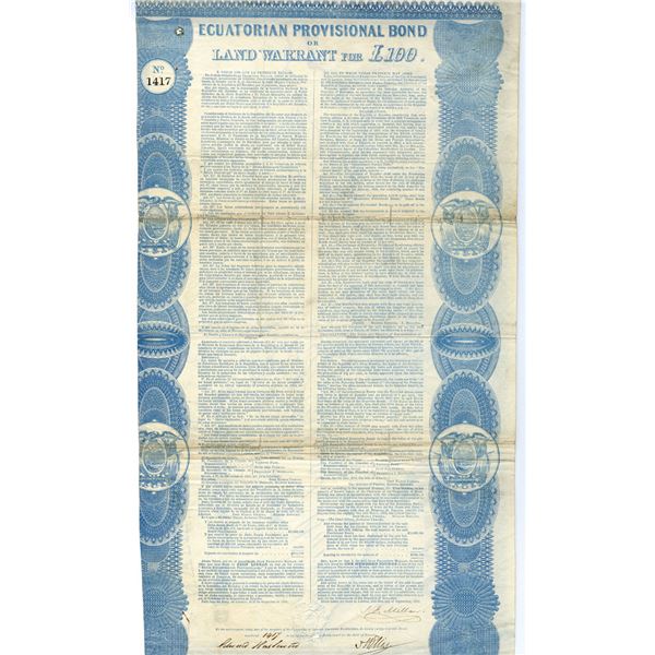 Ecuatorian Provisional Bond or Land Warrant for £100 with Ornate Map of Ecuador on Back.