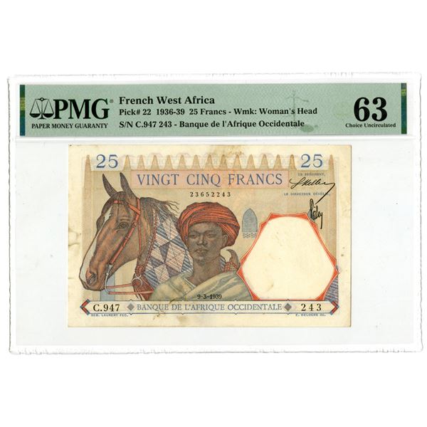 French West Africa. Banque de l'Afrique Occidentale, 1939, 25 Francs, Issued Banknote.