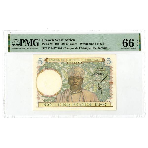 French West Africa. Banque de l'Afrique Occidentale, 1942, 5 Francs, Issued Banknote.