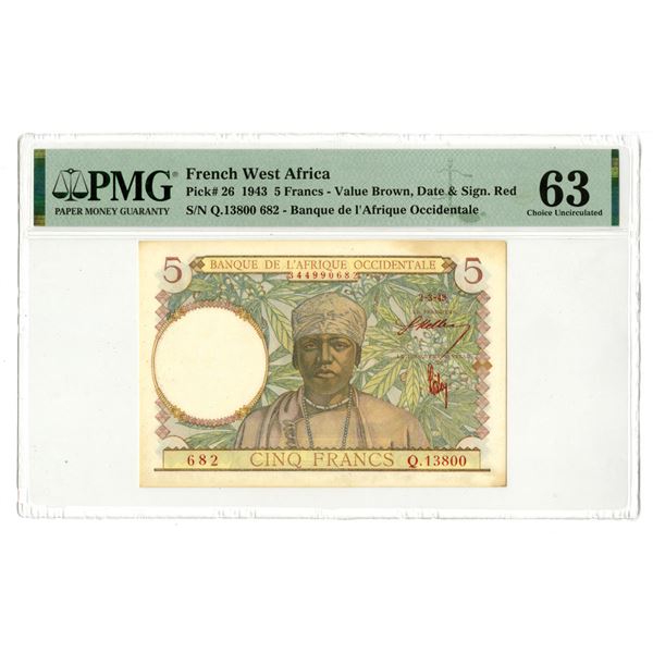 French West Africa. Banque de l'Afrique Occidentale, 1943, 5 Francs, Issued Banknote.