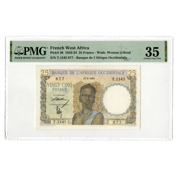 French West Africa. Banque de l'Afrique Occidentale, 1943, 25 Francs, Issued Banknote.