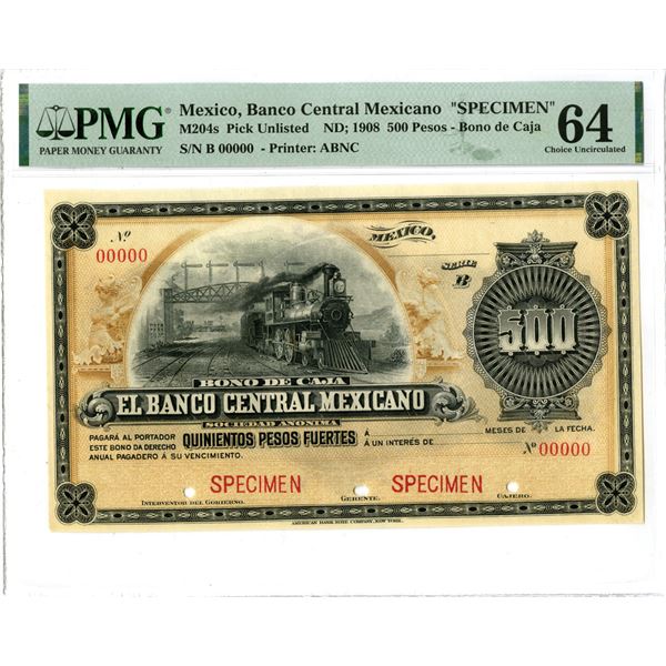 Mexico.  Bono de Caja  Banco Central Mexicano, ND (1908), 500 Pesos Specimen Banknote.