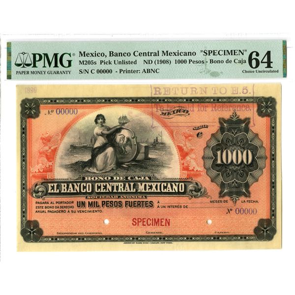 Mexico.  Bono de Caja  Banco Central Mexicano, ND (1908), 1000 Pesos Specimen Banknote.