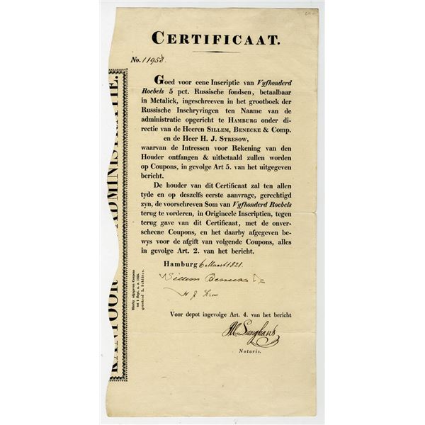 Netherlands. Sillem, Benecke & Co., 1821, 500 Roubles 5% I/U Bond.