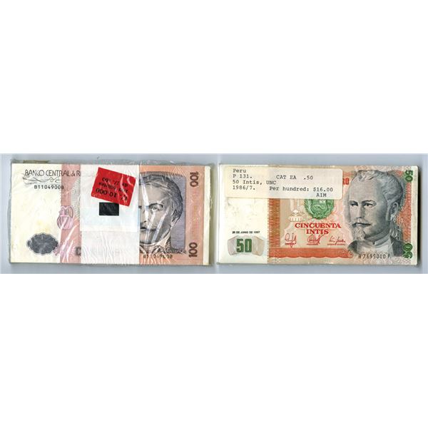 Peru. Banco Central de Reserva del Peru, 1985 to 1987, Lot of 2 Sealed Packs of 100 Banknotes each.