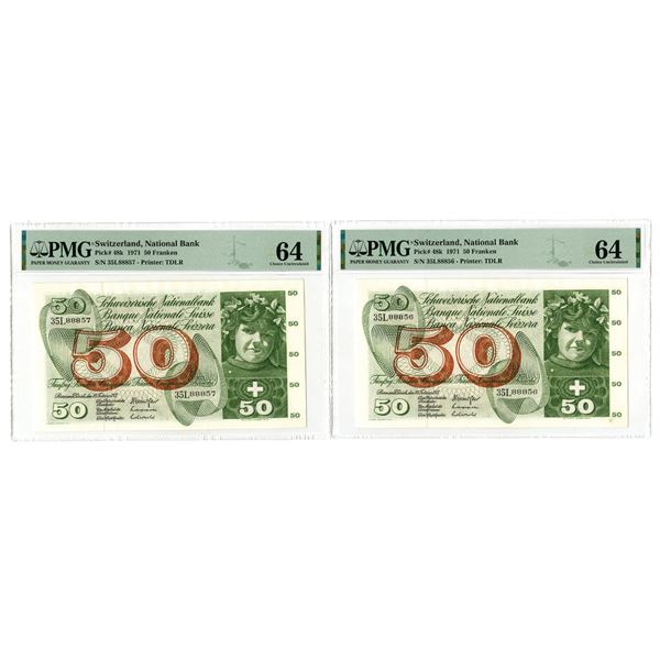 Switzerland. Banque Nationale Suisse, 1971, Issued Sequential Banknote Pair.