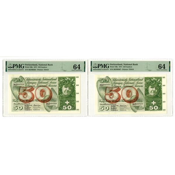 Switzerland. Banque Nationale Suisse, 1971, Issued Sequential Banknote Pair.