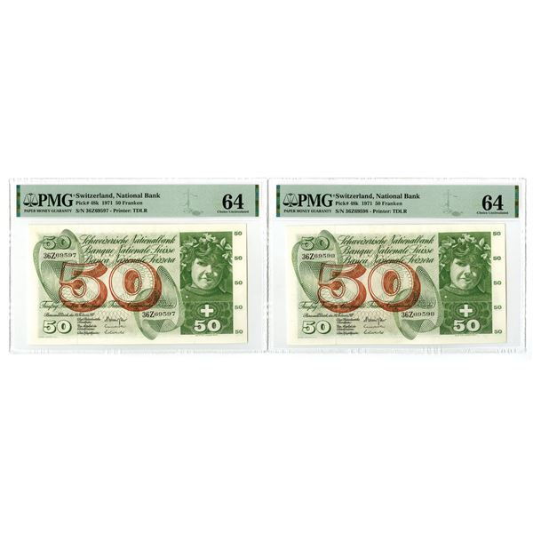 Switzerland. Banque Nationale Suisse, 1971, Issued Sequential Banknote Pair.