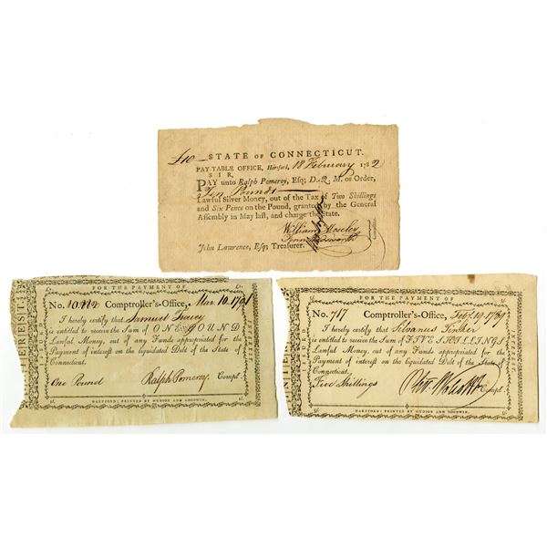 CT. Connecticut Pay-Table Office, 1782 to 1791, Fiscal Document Trio.