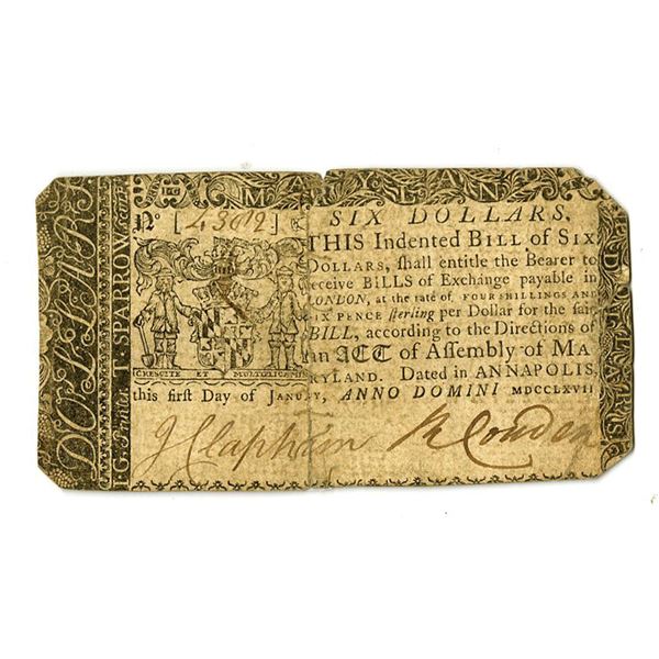MD. Colonial Banknote, 1767. 6 Dollars, Issued Colonial Banknote