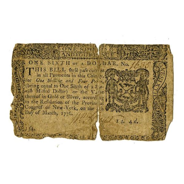 NY. Colonial Banknote, 1776. 1/6 Dollar, Issued Colonial Banknote